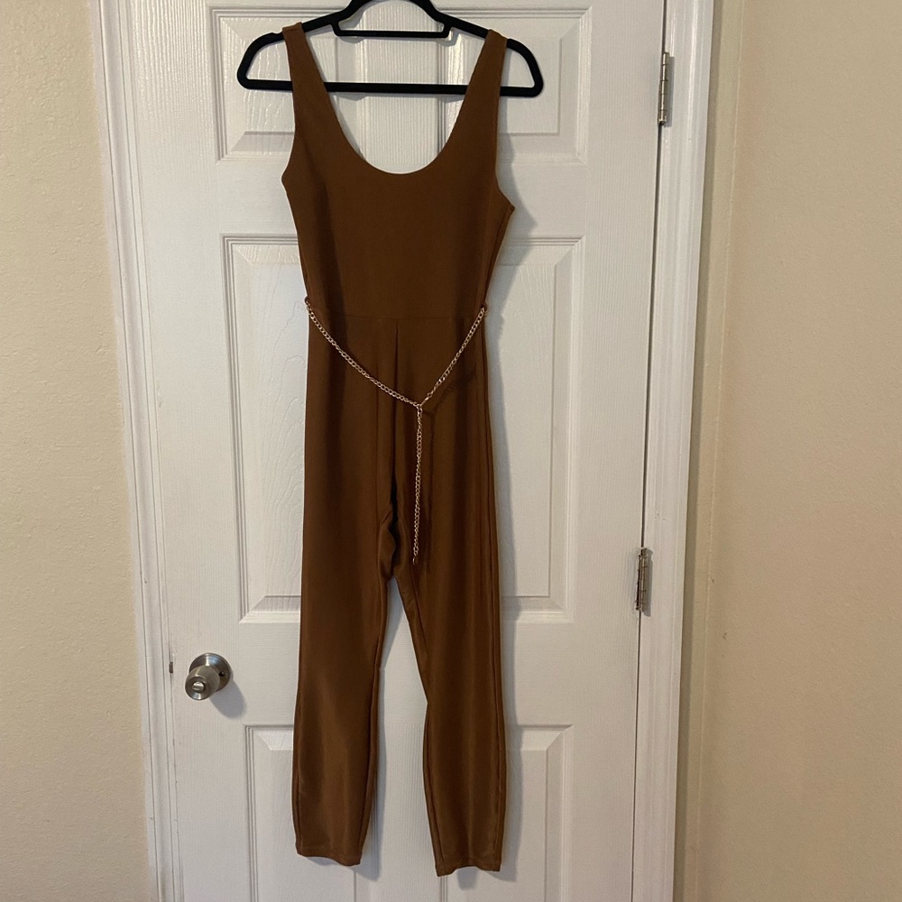 NWOT weworewhat brown ribbed jumpsuit with gold chain belt
